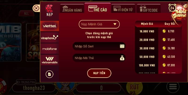 Thông tin gửi tiền vào ví game Dwin qua thẻ cào vô cùng đơn giản